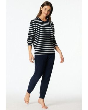Schiesser Schlafanzug Casual Essentials (2 Tlg) Wärmende Frottee-Qualität, Rundhalsausschnitt, Langärmelig - Blau