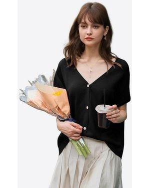 Imily Bela Cardigan Damen T-Shirt Mit V-Ausschnitt Knopfleiste Loose Stricken (Packung, 1-Tlg. 1Per-Pack) Fledermausärmel Gehäkelt - Schwarz