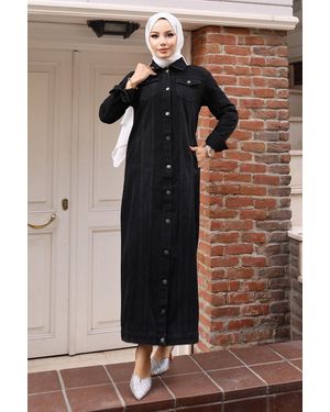 Moda Mihram Maxikleid Knopf Detail Denim Mantel Schwarz 6122