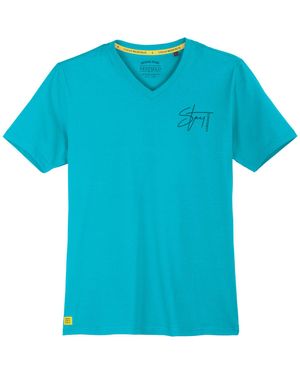 Redfield Übergrößen -Shirt V-Neck türkis Brustprint - Blau