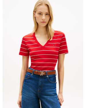 Tommy Hilfiger T-Shirt SLIM CODY V-NECK SHORT SLEEVE aus Baumwolle, Logostickerei, gestreift - Rot