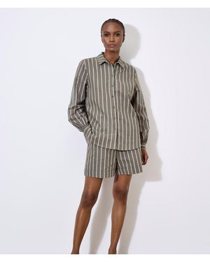 Apricot Hemdbluse Gestreiftes Leinenhemd, mit klassischem Kragen - Grau