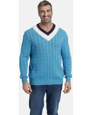 Charles Colby V-Ausschnitt-Pullover EARL HAILY im stylischen Zopfmuster - Blau
