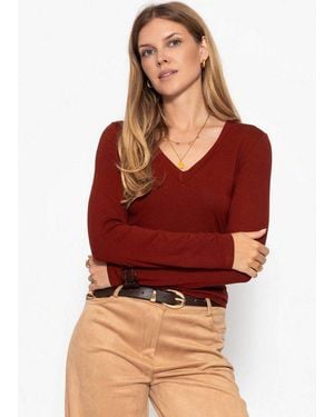 SassyClassy Langarmshirt Langarmshirt Mit V-Ausschnitt Für Damen Anliegendes Shirt Mit Extra Langen Ärmeln Aus Viskose Burgundy - Rot