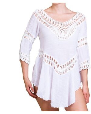 PANASIAM Tunikakleid Tunika Ibiza aus feiner Baumwolle Strandtunika Onesize passt bis Gr. L Tunikakleid in Häkeloptik Longshirt - Weiß