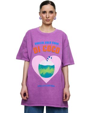Worldclassca Oversized T-Shirt Sommer Oberteil Print - VOGLIO SOLO AQUA DI COCO VIVA LA COSTIERA - Lila
