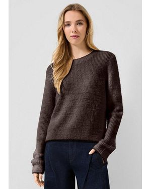 QS Longpullover Strickpullover Flauschiger Rundhalspullover - Braun