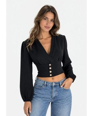 Elara Blusentop Damen Crop Top Bluse Mit V-Ausschnitt Und Smokbund Im Femininen Fit Unifarbe - Schwarz