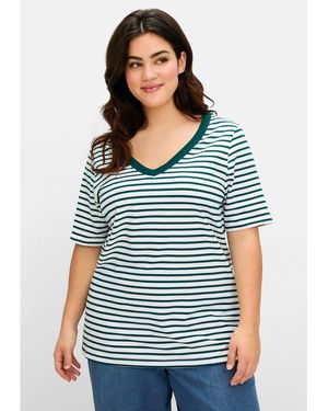 Sheego T-Shirt Große Größen mit V-Ausschnitt, in Rippstruktur - Blau