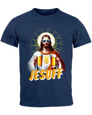 MoonWorks T-Shirt Bier Jesus Partyshirt Alkohol Fasching Karneval Outfit mit Print - Blau