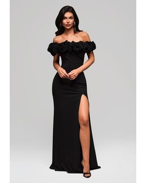 Ombre Abendkleid Elegantes Maxikleid mit Drappierung am Ausschnitt und Beinschlitz - Schwarz