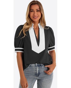 Imily Bela T-Shirt Damen Puffarmbluse Mit V-Ausschnitt (Packung, 1-Tlg. 1Per-Pack) Kontrastfarben - Schwarz