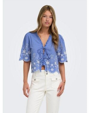 ONLY Kurzarmbluse Onlmiffy S/S Emb Tie Top Noos Wvn Baumwolle, Regular Fit, V-Ausschnitt - Blau