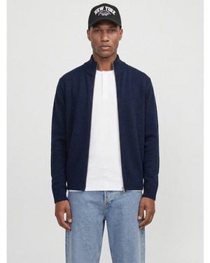 Jack & Jones Strickjacke Jjsoho Ollie Knit High Neck Zip Car Sn Materialmix, Locker Geschnitten - Blau