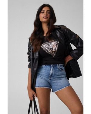 Guess T-Shirt Cn Savanna Leopard Triangle Mit Frontprint, Stretch-Baumwolle - Blau
