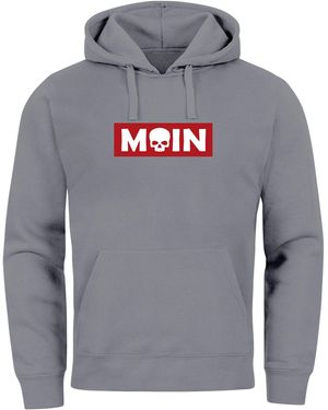 Neverless Hoodie Schriftzug Moin Skull Totenkopf Aufdruck Print Parodie - Grau
