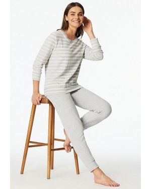 Schiesser Schlafanzug Casual Essentials (2 Tlg) Wärmende Frottee-Qualität, Rundhalsausschnitt, Langärmelig - Weiß