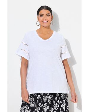 Ulla Popken T-Shirt Lochstickerei A-Linie V-Ausschnitt - Weiß