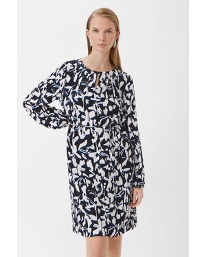 Comma, Minikleid Gemustertes Midi-Kleid mit Faltenausschnitt Raffung - Weiß