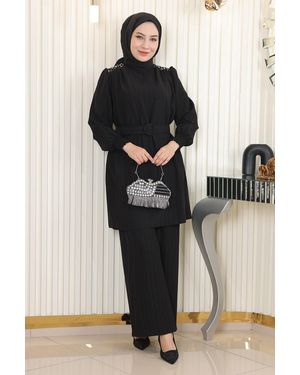 Moda Mihram Tunikakleid Stein Detailgürtel Set - Schwarz
