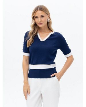 Passioni T-Shirt Strickshirt Mit Knopf-Details Shirt Mit V-Ausschnitt Und Goldenen Details - Blau