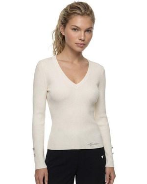 Guess Longsleeve Ls Vn Ellie Swtr Mit Knopfdetails An Den Ärmelenden, Strickqualität - Weiß