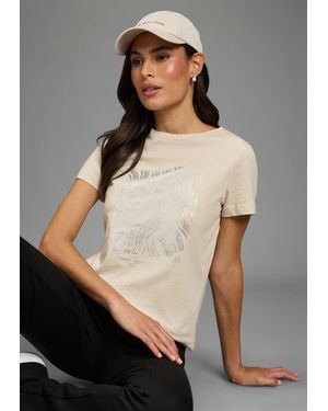 Laura Scott T-Shirt mit schimmerndem Folienprint, hüftlange Basic-Passform - Grau