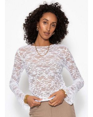 SassyClassy Langarmshirt Top Mit Ausgestellten Volantärmel Für Damen Transparentes Spitzenshirt - Weiß