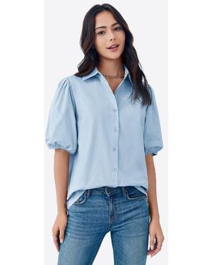 Imily Bela Kurzarmshirt Damen Freizeitbluse Mit Puffärmeln (Packung, 1-Tlg. 1Per-Pack) Reverskragen - Blau