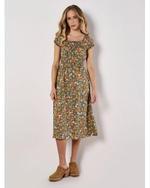 Apricot Druckkleid Milkmaid Ditsy Midi Dress, Smokdetails, mit Blumendruck - Grün