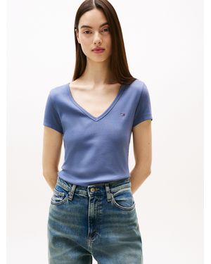 Tommy Hilfiger T-Shirt TJW SLIM ESSENTIAL RIB V SS mit Logostickerei - Blau