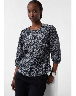 Comma, Kurzarmbluse Bluse Popeline-Bluse Mit Puffärmeln Und All-Over-Leo-Print - Blau