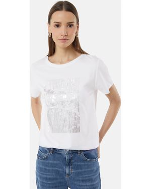comma casual identity Kurzarmshirt T-Shirt mit schimmerndem Artwork - Weiß