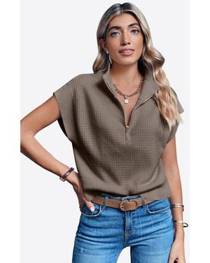 Imily Bela Kurzarmpullover Damen Kurzarm-Top Mit Halbreißverschluss (Packung, 1-Tlg. 1Per-Pack) Hochschließender Kragen - Grau
