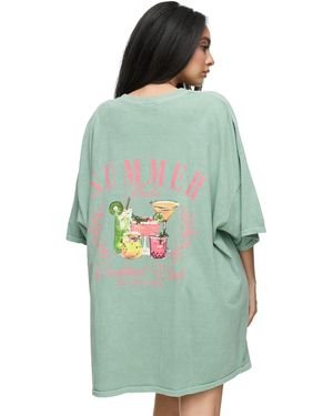 Worldclassca Oversized T-Shirt Sommer Oberteil PRINT - SUMMER BABE - COCKTAIL CLUB - SIP AND CHILL - Grün