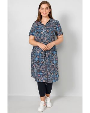 Janet & Joyce Jerseykleid Midikleid Alloverdruck Hemdkragen Knopfleiste - Blau