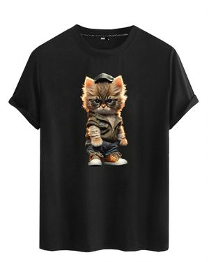 Rmk T-Shirt Basic Rundhals mit Gangster süße Katze Cat aus Baumwolle - Schwarz