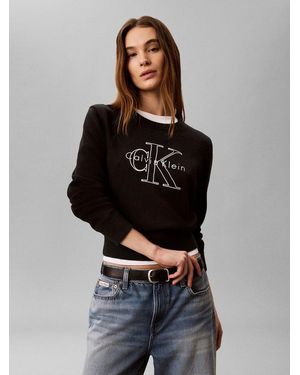 Calvin Klein Strickpullover Feinstrick, Reine Baumwolle, Stickerei - Grau
