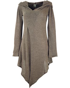 Guru-Shop Midikleid Pixikleid im Wickellook mit Kapuze, Feinstrick.. alternative Bekleidung - Braun