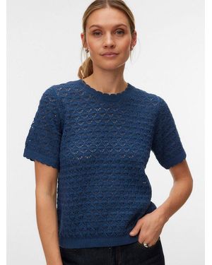Vero Moda Stricktop Vmjaqueline Ss O-Neck Top Boo Mit Zartem Muster - Blau