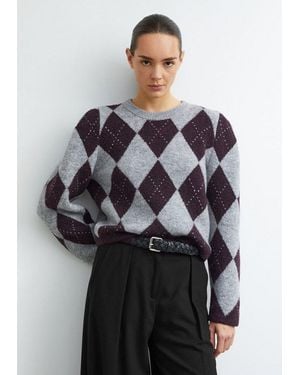 Comma, Longpullover Strickpullover Verkürzter Argyle-Pullover Mit Schulter-Detail - Grau