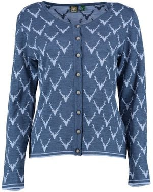 OS-Trachten Strickjacke Wilumi Tailliert, lang geschnitten, Rundhals, Allover-Stick, Metallknöpfe - Blau