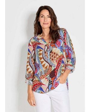 Goldner Schlupfbluse Florale Druckbluse Mit V-Ausschnitt Viskosebluse Mit Seitenschlitzen Und Langarm - Weiß