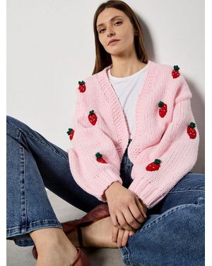 Apricot Cardigan Grobe Strickjacke Mit Erdbeerstickerei - Pink