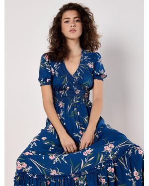 Apricot Druckkleid Watercolour Floral Smocked Dress, mit gesmokter Taille - Blau