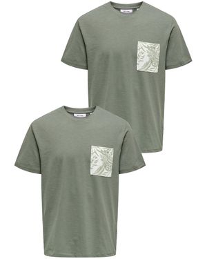 Only & Sons 2er-SET Rundhals T-Shirt mit Brust-Tasche Tropical Print - Grün