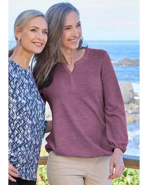 Goldner Longshirt Elegante Bluse Mit Zierblende, Rundhals Flauschige Bluse Mit Geschlitztem Rundhals, Hüftumspielende Länge - Lila