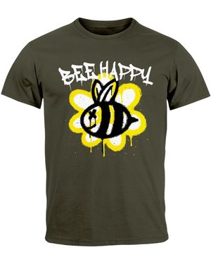 Neverless T-Shirt Aufdruck Bee Happy Biene Blume Graffiti mit Print - Grau