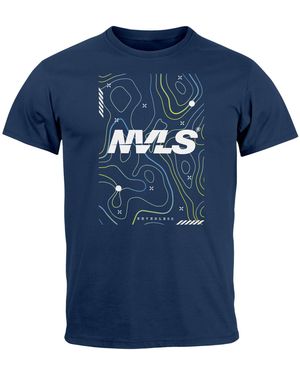 Neverless T-Shirt Aufdruck Schriftzug Topografische Illustration mit Print - Blau