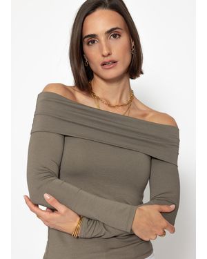 SassyClassy Langarmshirt Carmen-Ausschnitt Elegant Figurbetontes Shirt mit schulterfreiem Schnitt Schwarz Taupe - Grau